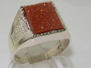 Gents Solid 925 Sterling Silver Goldstone Mens Mans Signet Ring - Size 6 - Sizes 6 to 13 Available