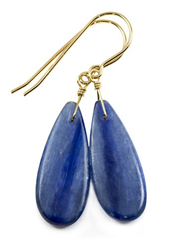 14k Yellow Gold Blue Kyanite Earrings Smooth Teardrops Simple Casual Pear Dangle Drops 1.6