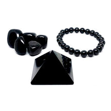 Load image into Gallery viewer, Pachamama Essentials Shungite Set, Comprehensive EMF Protection Gift Set | Shungite Stone Kit Contains Pyramid 2", 8mm Bead Bracelet and 5 Tumbled Stones
