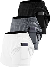 Load image into Gallery viewer, CADMUS 2 in 1 Women's Workout Shorts Gym Running Shorts for Women Sport Pro Shorts Zipper Phone Pockets,3 Pack, Black &amp; Gray &amp; White, Medium
