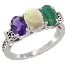 Load image into Gallery viewer, Silver City Jewelry 14K White Gold Natural Amethyst, Opal &amp; Malachite Ring 3-Stone 7x5 mm Oval Diamond Accent, Size 10

