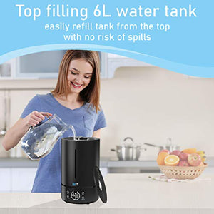 TBI Pro 6L Ultrasonic Humidifier with Top-Fill, 360° Nozzle for Home Large Room, Bedroom, Office, Travel, Babies - Easy to Clean Humidifiers Anti-Leak System, Auto Shut-Off, Black