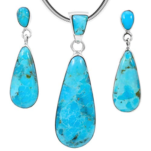 Sterling Silver Genuine Turquoise Necklace & Earrings Matching Set (Choose Style) (Turquoise)