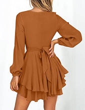 Load image into Gallery viewer, ZESICA Women's Casual V Neck Dress Long Sleeve Wrap Tie Waist Ruffle Hem Cocktail Wedding Party Swing Mini Dresses,Brown,X-Large
