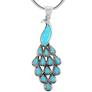 Peacock in Turquoise Pendant Necklace 925 Sterling Silver & Genuine Turquoise 20" (Turquoise)