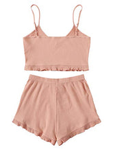 Load image into Gallery viewer, SheIn Women's 2 Pieces Sleeveless V Neck Crop Top Frill Trim Shorts Pajama Sets Pink X-Large
