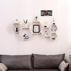 WONFUlity Floating Shelves Wall Mounted Set of 3 Rustic Hexagonal White Shelves, Wood Farmhouse Storage Honeycomb White Wall Shelf, Hexagon Wall Shelf for Living Room, Office, Screws&Anchors Included