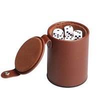 Load image into Gallery viewer, RERIVER PU Leather Dice Cup Set with Storage Compartment Felt Lining Shaker with 5 Dot Dices for Farkle Yahtzee Games Playing Birthday Gift,Brown
