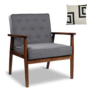 Mid-Century Retro Modern Accent Chair Wooden Arm Upholstered Tufted Back Lounge Chairs Seat Size 24.4" 18.3" (Deep) (Grey Fabric)