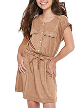 Load image into Gallery viewer, FISACE Girls Kids Dress Short Sleeve Bow Tie Button Down Casual Dresses Summer Slim Waist Tops Khaki
