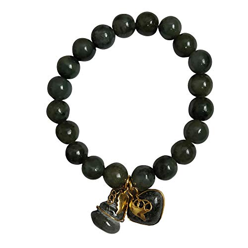10 mm Natural Green Jade Round Real Bracelets Bangle for Women Charms with Pendant Love Heart and Lucky Gourd Powerful Thai Pendant Prosperity Success in Life Trade Flourish
