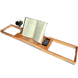 Wine Rack H Luxury Bamboo Bathtub Caddy Bath Tub Tray with Extending Sides Built in Book Tablet Holder Cellphone Tray & Integrated Wineglass Holder and Other Accessories Placement