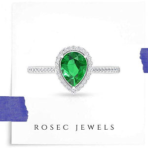 1.30 CT Pear Shaped Emerald Certified Diamond Halo Engagement Ring, Solitaire Teardrop Green Gemstone Wedding Rings, May Birthstone Promise Ring Gifts, 14K White Gold, Size:US 6.0