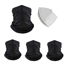 Load image into Gallery viewer, Youmymine 4 Pack Face Bandanas Neck Gaiter Scarf with 40 pcs Filters, Unisex Seamless Rave Scarf Tube Headwear for Fishing Cycling Hiking (Black, 4 pcs)

