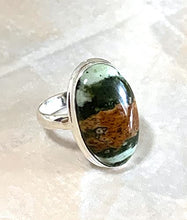 Load image into Gallery viewer, Passages- Earth Brown and Green AUSTRALIAN RARE CHROME CHALCEDONY (2.4 x 1.4 cm) Oval Cabochon Natural Gemstone, 925 Sterling Silver Ring Sz 9Jewellery.
