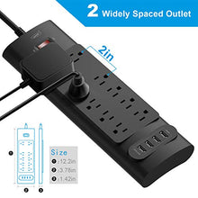 Load image into Gallery viewer, Power Strip, Bototek Surge Protector with 10 AC Outlets and 4 USB Charging Ports,1875W/15A, 2100 Joules, 6 Feet Long Extension Cord for Smartphone Tablets Home,Office, Hotel- Black
