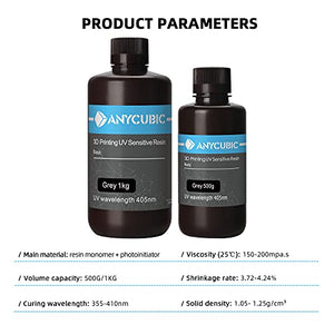 ANYCUBIC 3D Printer Resin, 405nm High Precision Fast Curing UV Photopolymer Resin for LCD 3D Printing, Grey 1kg