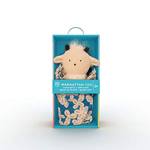 Manhattan Toy Embroidered Plush Goat Baby Rattle + Soft Cotton Burp Cloth, 16 x 16 Inches