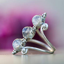 Load image into Gallery viewer, Moonstone Silver Ring, 925 Sterling Silver and Three Moonstone Light Blue Gemstones Ring for Women, Size US 6.5, Triple Moonstone and Real Silver Boho Chic Statement Ring, Bohemian Gift Idea.
