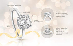 14K Solid White Gold 3.0 Carat Solitaire CZ Engagement Ring, Size 6