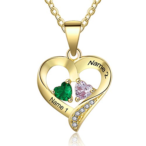 Love Jewelry Personalized 2 Names Necklace with 2 Heart Simulated Birthstone Couple Pendant Necklace for Women (Gold)