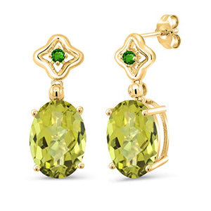 Gem Stone King 11.64 Ct Oval Checkerboard Yellow Lemon Quartz Green Simulated Tsavorite 18K Yellow Gold Plated Silver Earrings