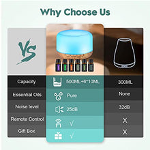 Load image into Gallery viewer, Diffuser with Essential Oils Included, 500ml Aromatherapy Diffuser with Oils Set 6x10mL, Aroma Diffuser with Oils Included Remote Control 14 Led Lights 4 Timers for Office Room Bedroom
