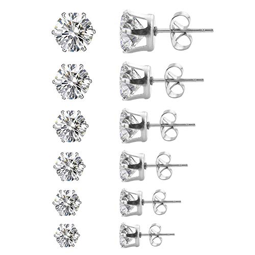 6 Pairs Cubic Zirconia Studs Stainless Steel Earrings Set Earrings 3-8mm for women men