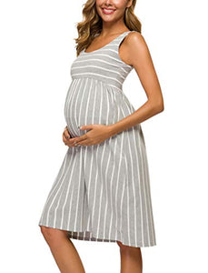 Ecavus Womens Maternity Tank Dress Stripe Color Block Sleeveless Knee Length for Baby Shower (S, Grey White Stripe)