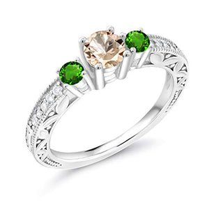 Gem Stone King 0.81 Ct Round Peach Morganite Green Simulated Tsavorite 925 Sterling Silver Ring (Size 8)