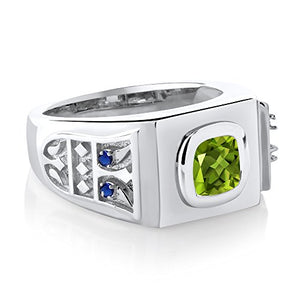 Gem Stone King 2.49 Ct Green Peridot Blue Created Sapphire 925 Sterling Silver Men's Ring (Size 10)