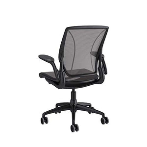 Humanscale Diffrient World Chair | Pinstripe Black Mesh Seat and Back | Black Frame with Black Trim | Height-Adjustable Duron Arms | Standard Foam Seat, 3" Carpet Casters, and 5" Cylinder