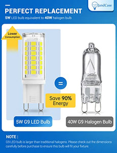 G9 LED Light Bulbs 5W, JandCase 40W Halogen Equivalent, 6000K High Brightness 400LM, G9 Base Not Dimmable, Flicker-Free, Daylight White for Home Lighting, Chandeliers, Household Applications, 5 Pack