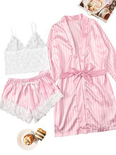 Load image into Gallery viewer, SheIn Women's Sheer Lace Bralette and Striped Shorts Pajama Lingerie Set with Robe Pink Large
