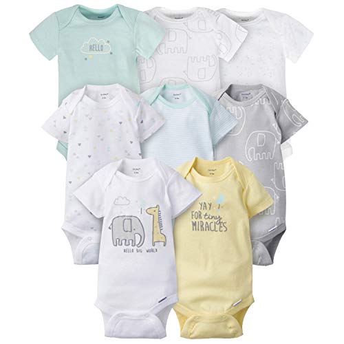 Gerber Baby 8 Pack Short-Sleeve Onesies Bodysuits Multi-Pack, Animals Green, Newborn