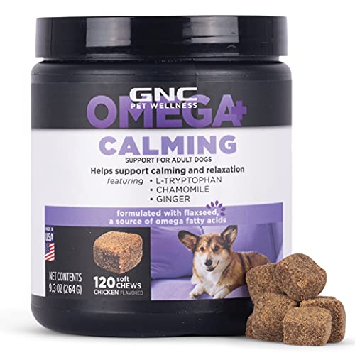 GNC Pets Omega Calming Dog Supplements for Adult Dogs with Omega Fatty Acids and Flaxseed, 120 ct | Chicken Flavored Soft Chews for Calming & Relaxation | with L-Tryptophan, Chamomile, & Ginger