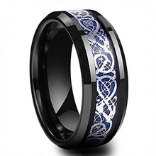 Load image into Gallery viewer, N-A 8 mm Unisex Black Tungsten Carbide Ring with Dragon Blue Rings Carbon Fiber Inlay Polished Shiny Beveled Design
