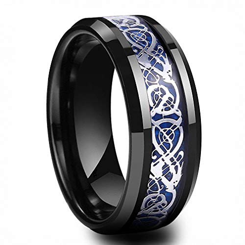 N-A 8 mm Unisex Black Tungsten Carbide Ring with Dragon Blue Rings Carbon Fiber Inlay Polished Shiny Beveled Design