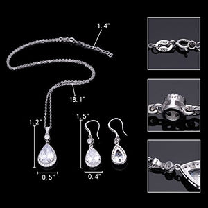 EleQueen 925 Sterling Silver Full Cubic Zirconia Teardrop Bridal Pendant Necklace Hook Dangle Earrings Sets