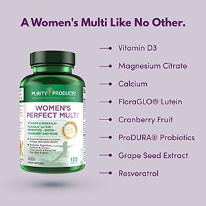 Women’s Perfect Multi by Purity Products - Balanced Multivitamin - Supports Urinary Tract Health, Immune, Bone + Muscle, Hair, Skin, Nails, an Elite Probiotic for Digestive Health + More - 120 Tablets