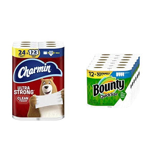 Charmin Ultra Strong Clean Touch Toilet Paper, 24 Family Mega Rolls and Bounty Quick-Size Paper Towels,12 Family Rolls, Bundle (Packaging May Vary)