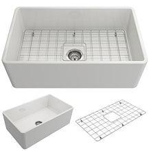 Load image into Gallery viewer, BOCCHI 1138-001-0120 Classico Apron Front Fireclay 30 in. Single Bowl Kitchen Sink with Protective Bottom Grid and Strainer in White
