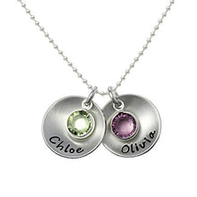 Load image into Gallery viewer, Take Two Round- Personzlied Sterling Silver Necklace. Customize Two 0.625 Inch Round Discs Names and Swarovski Birthstones. Matte Finish. Choice of 925 Chain. Makes Great Gifts for Mom
