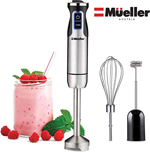 Mueller Austria Ultra-Stick 500 Watt 9-Speed Immersion Multi-Purpose Hand Blender Heavy Duty Copper Motor Brushed 304 Stainless Steel With Whisk, Milk Frother Attachments, BPA-Free