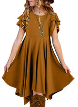 Load image into Gallery viewer, Eytino Girls Summer Casual Ruffle Short Sleeves Crewneck Irregular Hem A Line Midi Dresses,10-11Y Khaki
