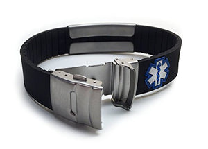 Silicone Sport Medical Alert ID Bracelet - Black (Incl. 6 Lines of Custom Engraving). Choose Your Color!