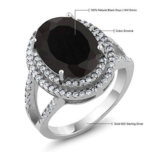 GemStoneKing 6.44 Carat 14X10MM Oval Natural Genuine Black Onyx Women's Ring Solid 925 Sterling Silver Cocktail Ring , Black and White , (SIZE 7)