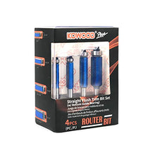 Load image into Gallery viewer, KOWOOD Plus Straight Flush Trim Router Bit Set, 1/4 Inch Shank, Top Bearing Flush Trim Bit Kit. Cutting Height in 1/4”, 5/16”, 3/8”, 1/2”. With updated Kowood C3 Carbide. Great for trim shelf edging, veneer or laminates. Ideal for work with a template to
