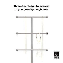 Load image into Gallery viewer, Umbra 299330-491-REM Trigem Hanging Organizer – 3 Tier Table Top Necklace Holder, Box Display with Jewelry Tray Base, One Size, Nickel
