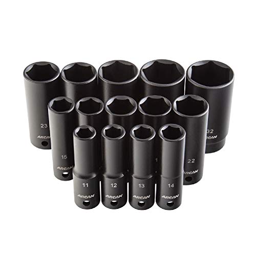 ARCAN PROFESSIONAL TOOLS 1/2 Inch Drive Deep Impact Socket Set, Metric, 11mm - 32mm, Cr-V, 14-Piece (AS21214MD)